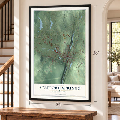 Stafford Springs, Connecticut map, 24 x 36 inch print in a black frame by a staircase