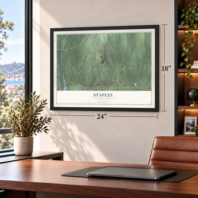Staples, Connecticut map, 18 x 24 inch print in a black frame in a home office