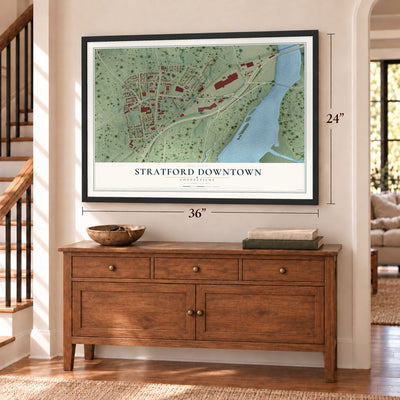 Stratford Downtown, Connecticut map, 24 x 36 inch print in a black frame above a dresser by a staircase