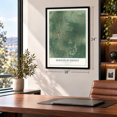 Suffield Depot, Connecticut map, 18 x 24 inch print in a black frame in a home office
