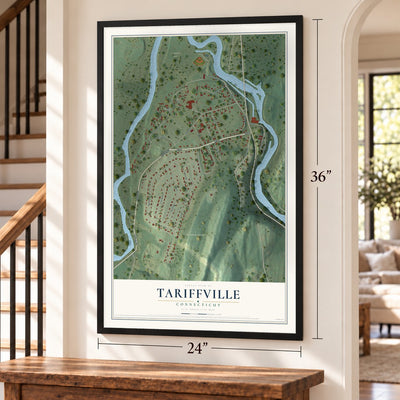 Tariffville, Connecticut map, 24 x 36 inch print in a black frame by a staircase