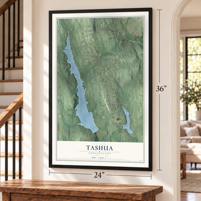 Tashua, Connecticut map, 24 x 36 inch print in a black frame by a staircase