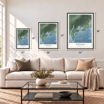 Tokeneke, Connecticut map in 12 x 18, 18 x 24 and 24 x 36 inch sizes above a sofa