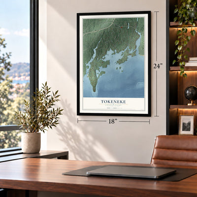 Tokeneke, Connecticut map, 18 x 24 inch print in a black frame in a home office