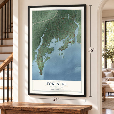 Tokeneke, Connecticut map, 24 x 36 inch print in a black frame by a staircase