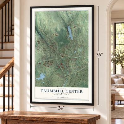 Trumbull Center, Connecticut map, 24 x 36 inch print in a black frame by a staircase