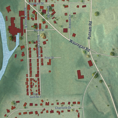 Close-up of the map of Wauregan, Connecticut print showing street and building detail
