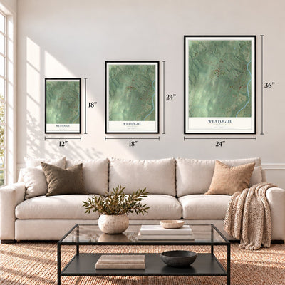 Weatogue, Connecticut map in 12 x 18, 18 x 24 and 24 x 36 inch sizes above a sofa