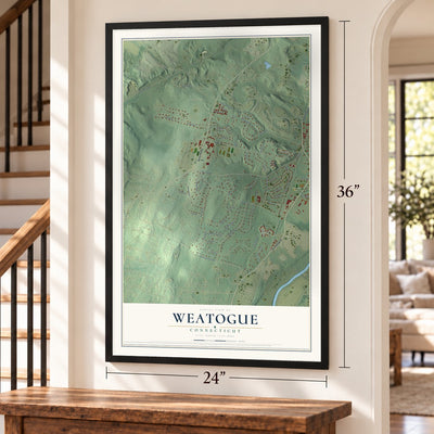 Weatogue, Connecticut map, 24 x 36 inch print in a black frame by a staircase