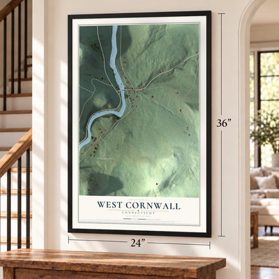 West Cornwall, Connecticut map, 24 x 36 inch print in a black frame by a staircase