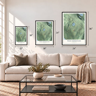 West Mountain, Connecticut map in 12 x 18, 18 x 24 and 24 x 36 inch sizes above a sofa