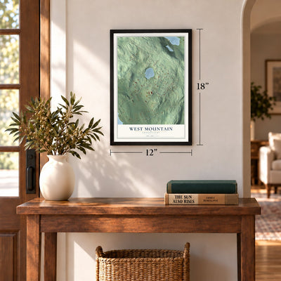 West Mountain, Connecticut map, 12 x 18 inch print in a black frame in an entryway