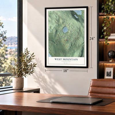 West Mountain, Connecticut map, 18 x 24 inch print in a black frame in a home office