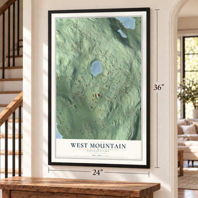 West Mountain, Connecticut map, 24 x 36 inch print in a black frame by a staircase