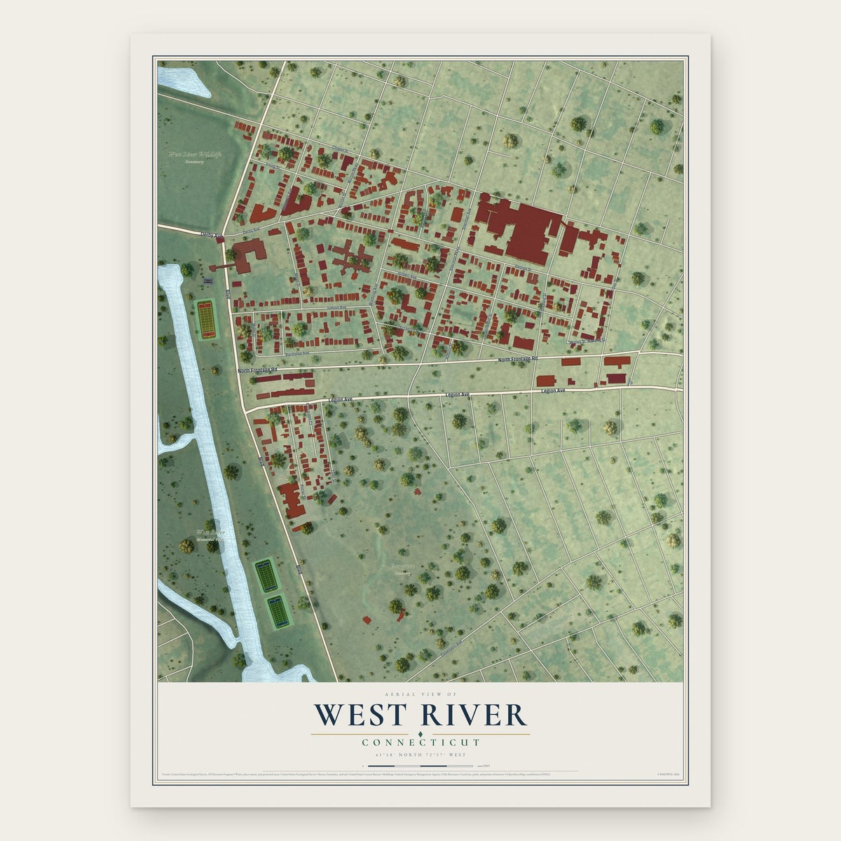 West River, Connecticut map print, the full design