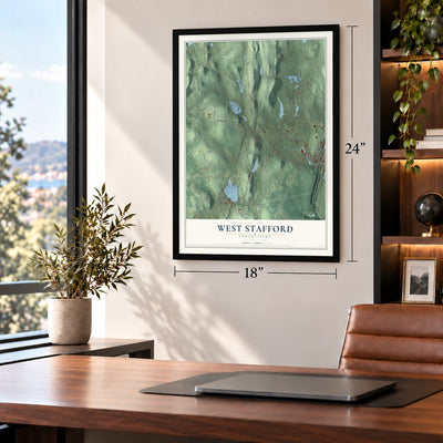 West Stafford, Connecticut map, 18 x 24 inch print in a black frame in a home office