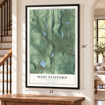 West Stafford, Connecticut map, 24 x 36 inch print in a black frame by a staircase