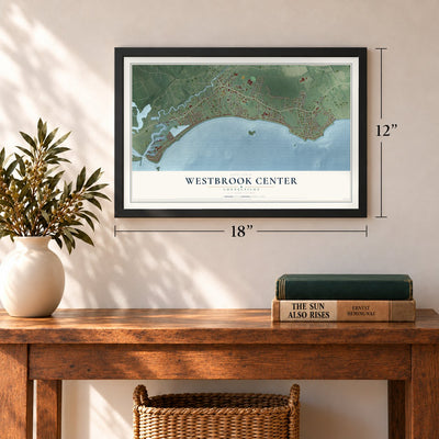 Westbrook Center, Connecticut map, 12 x 18 inch print in a black frame in an entryway