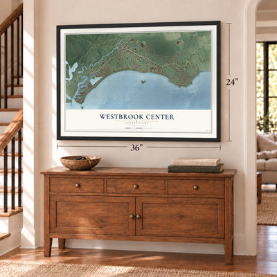 Westbrook Center, Connecticut map, 24 x 36 inch print in a black frame above a dresser by a staircase