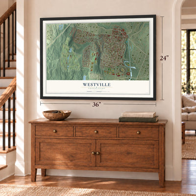 Westville, Connecticut map, 24 x 36 inch print in a black frame above a dresser by a staircase