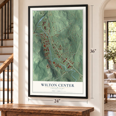 Wilton Center, Connecticut map, 24 x 36 inch print in a black frame by a staircase