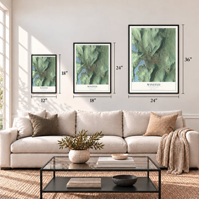Winsted, Connecticut map in 12 x 18, 18 x 24 and 24 x 36 inch sizes above a sofa