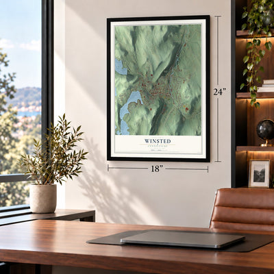 Winsted, Connecticut map, 18 x 24 inch print in a black frame in a home office