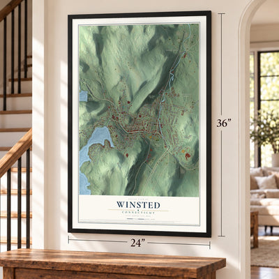 Winsted, Connecticut map, 24 x 36 inch print in a black frame by a staircase