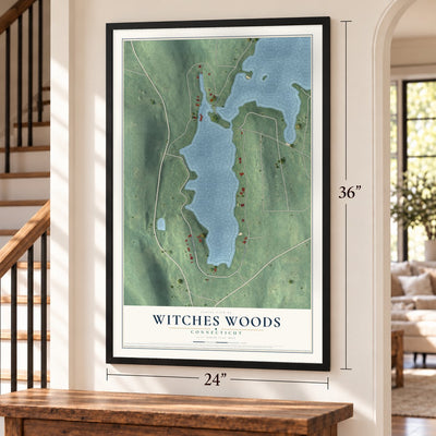 Witches Woods, Connecticut map, 24 x 36 inch print in a black frame by a staircase