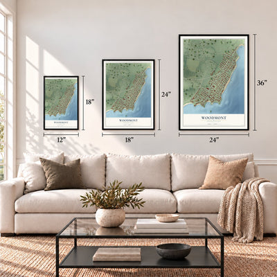 Woodmont, Connecticut map in 12 x 18, 18 x 24 and 24 x 36 inch sizes above a sofa