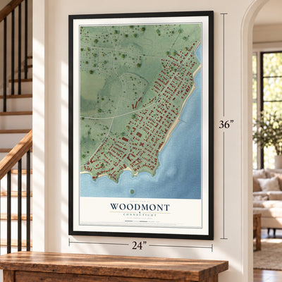 Woodmont, Connecticut map, 24 x 36 inch print in a black frame by a staircase
