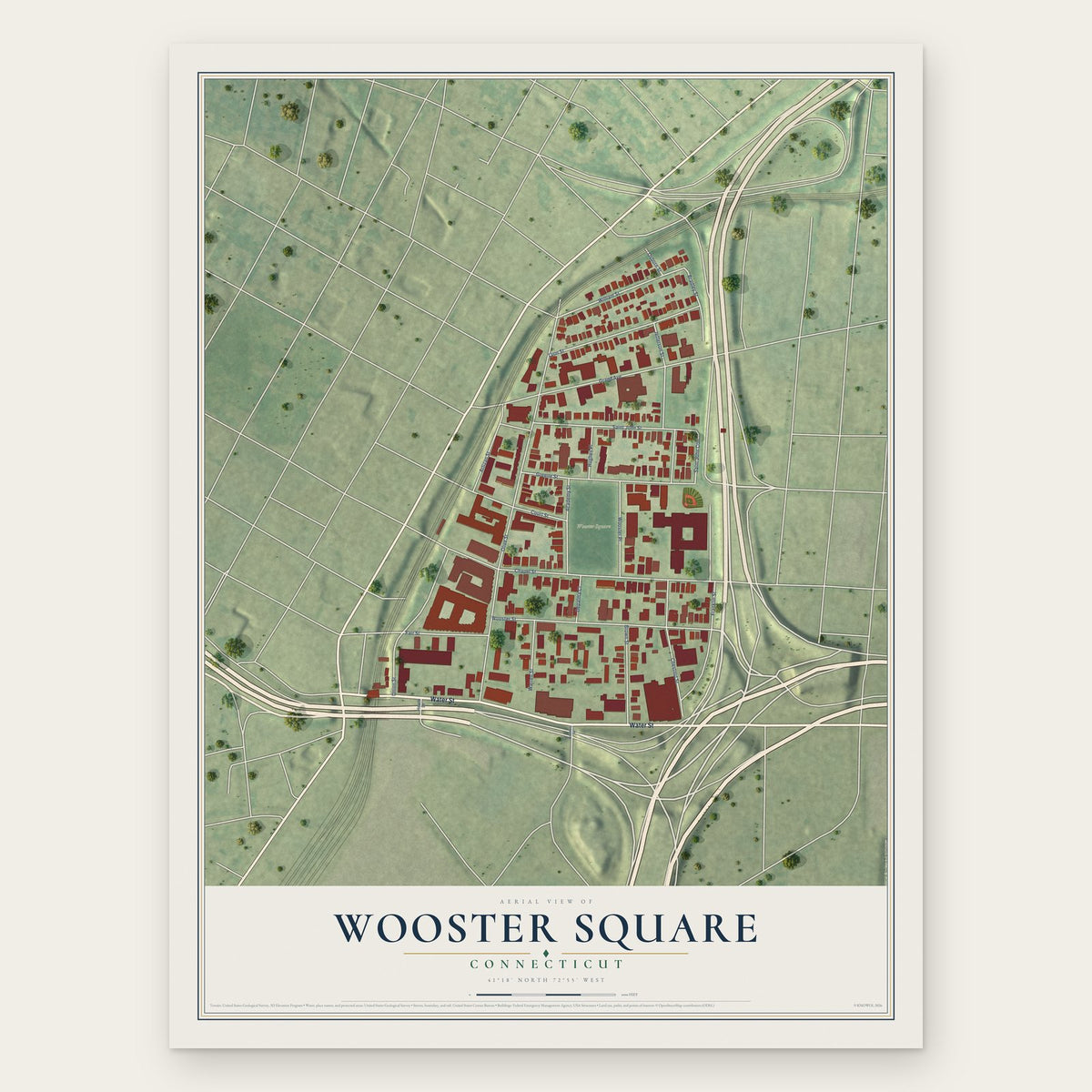 Wooster Square, Connecticut map print, the full design