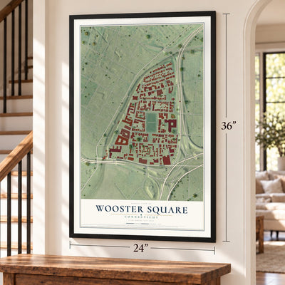 Wooster Square, Connecticut map, 24 x 36 inch print in a black frame by a staircase