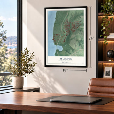 Bellevue, District of Columbia map, 18 x 24 inch print in a black frame in a home office