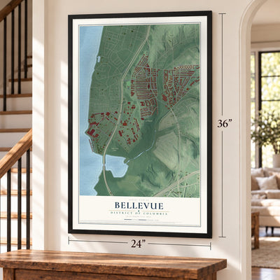 Bellevue, District of Columbia map, 24 x 36 inch print in a black frame by a staircase