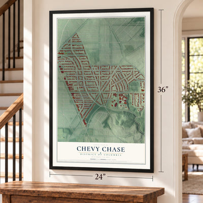 Chevy Chase, District of Columbia map, 24 x 36 inch print in a black frame by a staircase