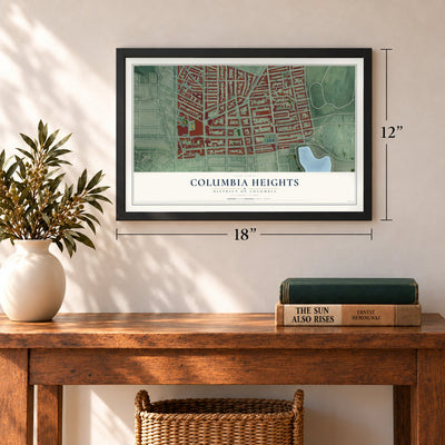 Columbia Heights, District of Columbia map, 12 x 18 inch print in a black frame in an entryway