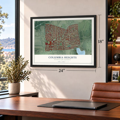 Columbia Heights, District of Columbia map, 18 x 24 inch print in a black frame in a home office
