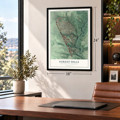 Forest Hills, District of Columbia map, 18 x 24 inch print in a black frame in a home office