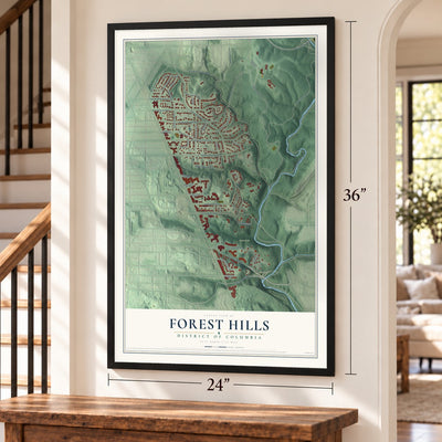 Forest Hills, District of Columbia map, 24 x 36 inch print in a black frame by a staircase