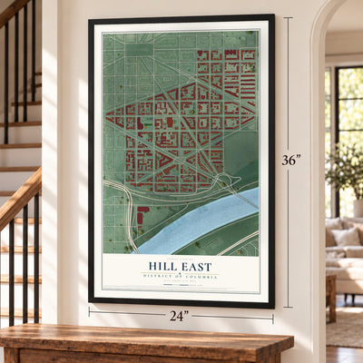 Hill East, District of Columbia map, 24 x 36 inch print in a black frame by a staircase