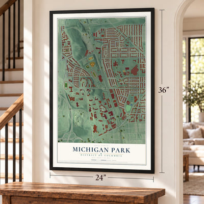 Michigan Park, District of Columbia map, 24 x 36 inch print in a black frame by a staircase