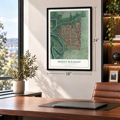 Mount Pleasant, District of Columbia map, 18 x 24 inch print in a black frame in a home office