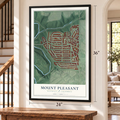 Mount Pleasant, District of Columbia map, 24 x 36 inch print in a black frame by a staircase