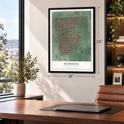 Petworth, District of Columbia map, 18 x 24 inch print in a black frame in a home office