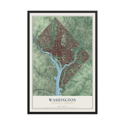 Map of Washington, District of Columbia, 12 x 18 inch print in a black wood frame