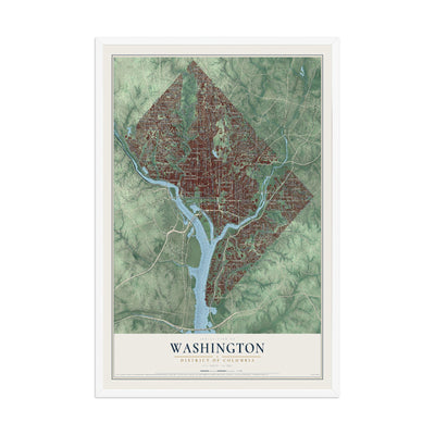 Map of Washington, District of Columbia, 12 x 18 inch print in a white wood frame