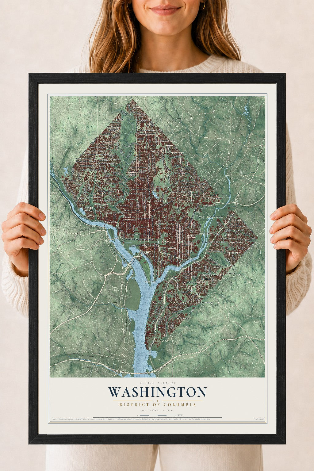 Map of Washington, District of Columbia, 18 x 24 inch print in a black wood frame