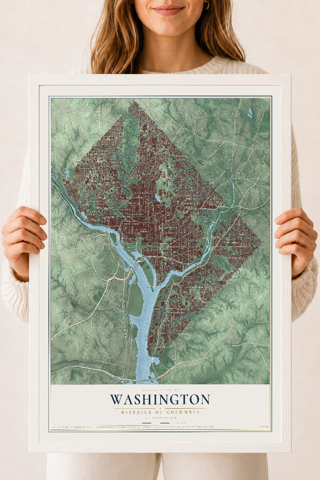 Map of Washington, District of Columbia, 18 x 24 inch print in a white wood frame