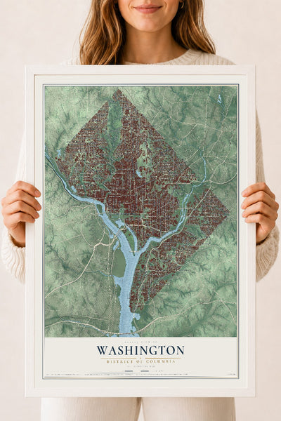 Map of Washington, District of Columbia, 18 x 24 inch print in a white wood frame